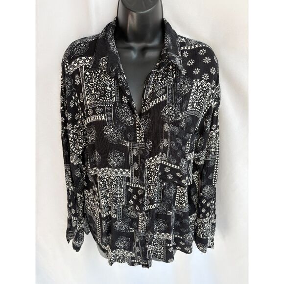 12th Tribe Scarf Print Button Down Shirt Size S Relaxed Fit Long Sleeve Black 90 - Picture 1 of 8